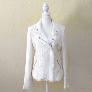 Carolina Belle Ivory Tweed Fringed Trim Moto Jacket Size Medium